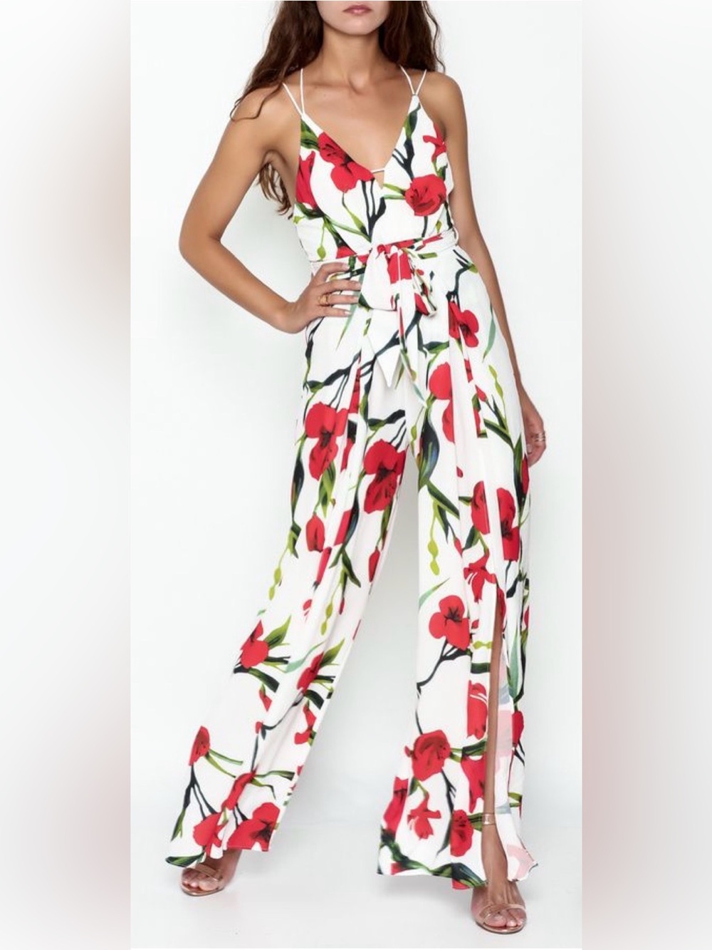 Luxxle White Floral Tie-Waist Wide Leg Jumpsuit